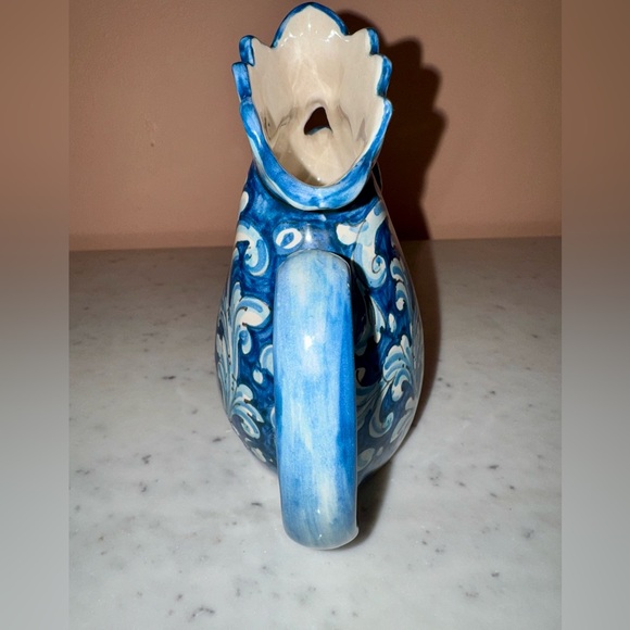 Caltagirone Traditional Ceramic Rooster Jug in Blue and White Scrolled Design - Picture 5 of 10